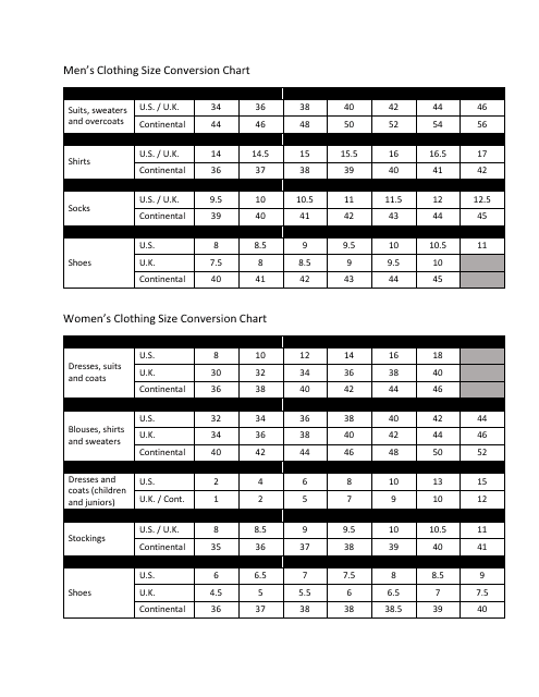 Men S And Women S Clothing Size Chart Conversion Men S And Women S Clothing Size Chart Conversion