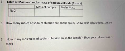 Solved 5 Table 4 Mass And Molar Mass Of Sodium Chloride 1 Mark 6 Solved 5 Table 4 Mass And Molar Mass Of Sodium Chloride 1 Mark 6